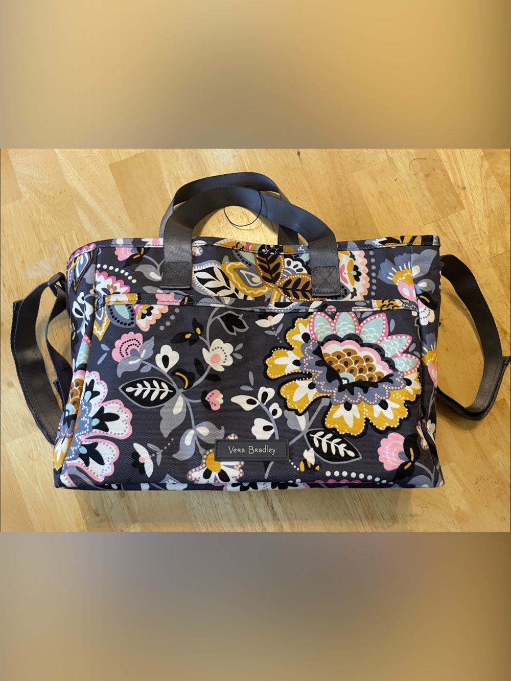 Vera Bradley Navy Floral Quilted Tote with Pink and Yellow Accents